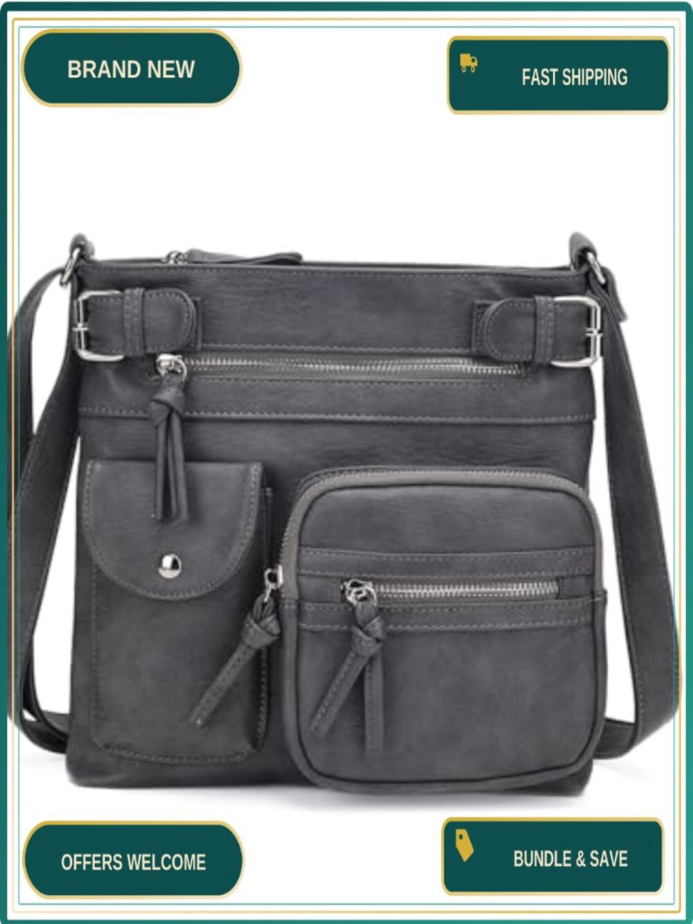 PU Leather Crossbody Bag Adjustable Strap Zipper Pockets Satchel